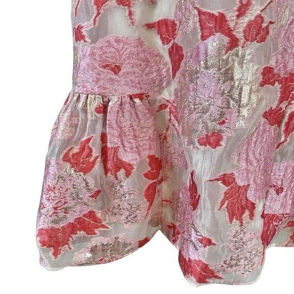 Ariana Rockefeller Metallic Floral Ruffle Hem Mini Dress Pink Red Gold Size 12 - Picture 5 of 7